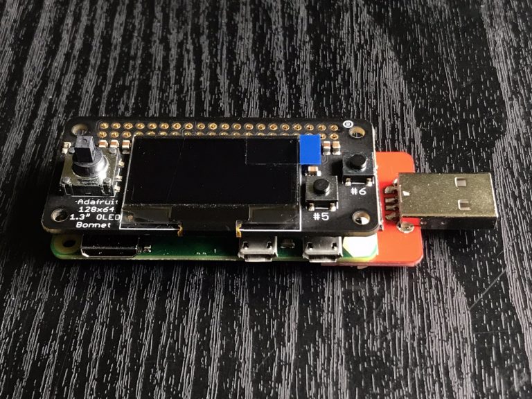 RaspberryPi Zero with USB stem and OLED Bonnet : front